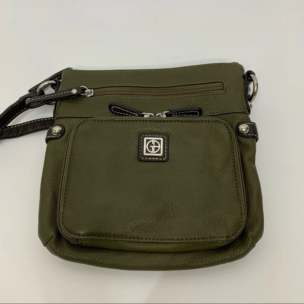 Giani Bernini Olive Green Pebbled Leather Crossbody Bag Purse Multi Compartment